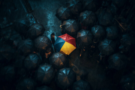 A colorful umbrella standing alone in a crowd of black umbrellas on a rainy city street - Powered by Adobe
