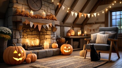 Obraz premium Cozy Halloween Decor with Pumpkins and Soft Lighting in a Cabin Setting