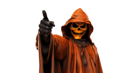 Terrifying Halloween reaper in orange robe with menacing skull mask pointing, perfect for spooky season, horror themes, and costume parties, creating chilling vibes