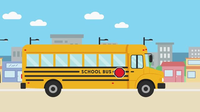 Animated yellow school bus driving through a colorful cartoon city street. Perfect for educational videos, children&rsquo;s animations, and back-to-school content.
