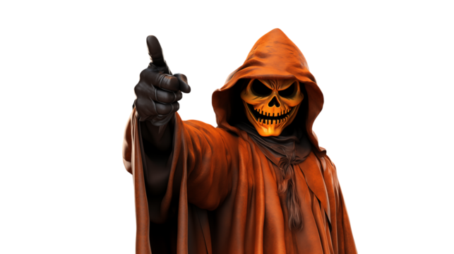 Terrifying Halloween reaper in orange robe with menacing skull mask pointing, perfect for spooky season, horror themes, and costume parties, creating chilling vibes