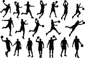 Basketball silhouettes, players in action, dribbling and shooting poses, slam dunk jumps, sports athlete figures, black on white, game motion concept, vector illustration art