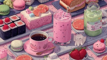 Playful Pastel Food Illustration with Tiny Smiling Icons