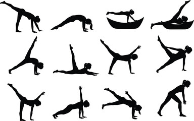 Yoga silhouettes, women performing poses, exercise and stretching positions, fitness workout set, healthy lifestyle concept, black figures on white background, vector illustration art
