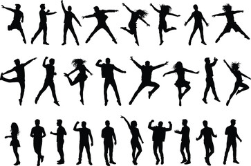 Dance silhouettes, people jumping and moving, energetic poses collection, male and female dancers, black figures on white, celebration and fun concept, vector illustration art