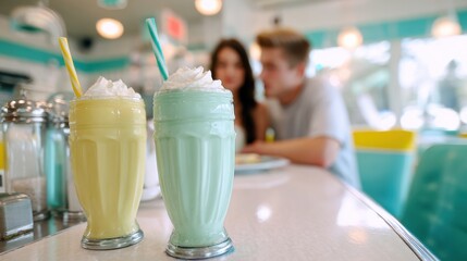 Two colorful milkshakes in a diner, with a couple in the background.