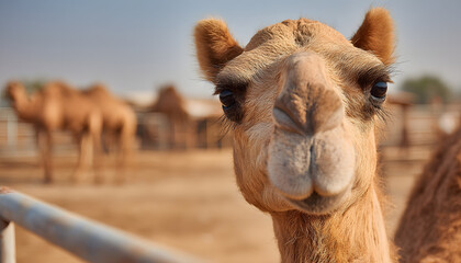 Fototapeta premium close up of camel s head on the background of a camel farm side view