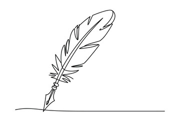 One line drawing of a feather quill. A simple minimalist line art.