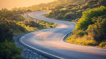 Fototapeta premium A winding road through a lush green landscape with a golden sunset in the background. The road is paved with asphalt and curves gently through the trees and bushes.