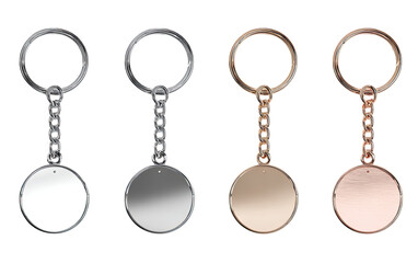 Four keychains, each with a circular, reflective disc, in varying metallic colors