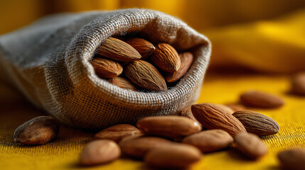Spilled Raw Almonds in Natural Fabric Sack on Yellow Background, Healthy Snack