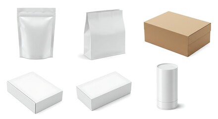 Realistic 3D collection of blank packaging templates. Includes white stand-up pouch, paper bag, cardboard boxes, and a tube container mockup.