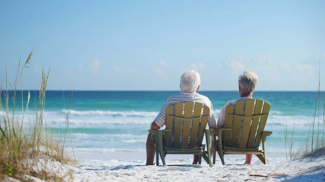 Two elderly individuals sitting on beach chairs, enjoying the ocean view.