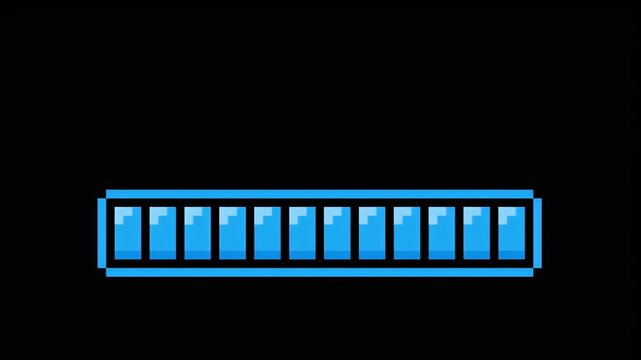 Pixelated loading bar against a black background, Pixelated progress bar on black screen, almost finished and ready to go