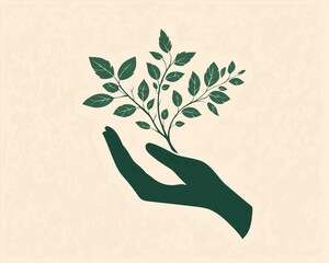 Green leaves emerging from an open hand symbolizing care and connection to nature in a minimalistic style