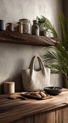 Cozy Kitchen Countertop with Woven Tote Bag, Wooden Cutting Board, Baked Goods, and Shelf with Glass Jars &ndash; Warm Inviting Atmosphere