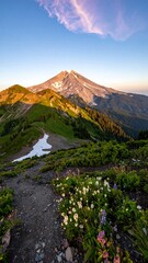 Mountain peak with wildflowers and a trail at dawn.