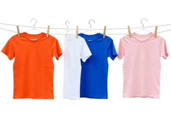 Four colorful t shirts hanging on a clothesline isolated on transparent background