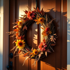 An autumn wreath on the front door, soft sunset light, a cozy atmosphere.