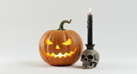 A spooky carved pumpkin Jack-o'-lantern with a glowing face next to a black candle in a skull holder for Halloween