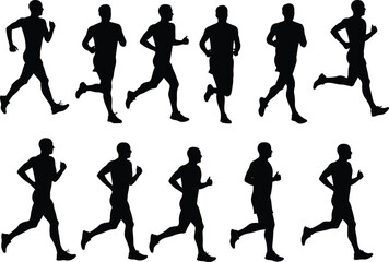 Silhouettes of men running in motion, athletic runners, jogging poses in sequence, black vector figures on white background