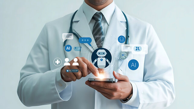 Doctor using smartphone interacting with futuristic ai chatbot and medical technology icons for healthcare innovation