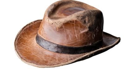Weathered brown leather fedora hat with distressed brim and dark band
