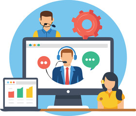 Flat Customer Support Call Center Illustration — Business Communication Service Vector