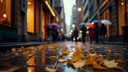 Obraz premium Rainy city street with warm light in the windows, yellow leaves swaying.
