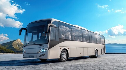 A modern, sleek bus with large windows and a white exterior, parked on a paved area with a scenic backdrop of mountains and a body of water.