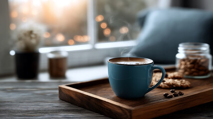 Steaming Blue Coffee Cup on Wooden Tray with Cookies, Beans, and Cozy Blurred Window Background &ndash; Warm Ambiance