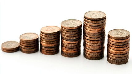 A row of five stacks of coins, each increasing in height, with a white background.