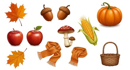 A vibrant collection of autumn seasonal elements. Includes pumpkin, apples, leaves, acorns, mushrooms, corn, scarf, and a basket for harvest time.