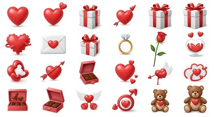 Glossy 3D icon set for Valentine's Day, featuring romantic symbols like hearts, gifts, a ring, and a rose.