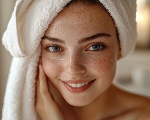 Close-up of a smiling young woman with fresh skin and freckles after a shower, wrapped in a towel with a towel on her head