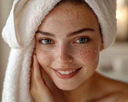 Close-up of a smiling young woman with fresh skin and freckles after a shower, wrapped in a towel with a towel on her head