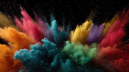 Colorful powder explosion against a black backdrop creates a dynamic and artistic effect