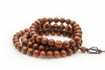 Obraz premium Wooden mala beads coiled on white background, spiritual meditation accessory.