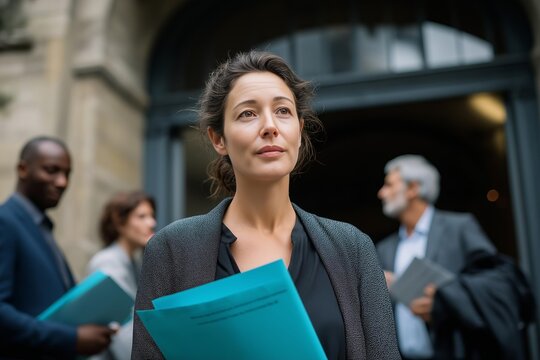 A confident businesswoman stands outside with colleagues as they engage in discussion and plan their next steps together