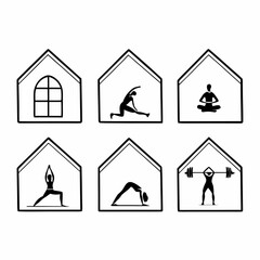 Fitness and exercise silhouettes inside house shapes isolated on white background