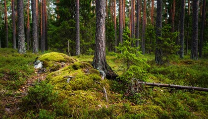 Fototapeta premium Lush forest floor with moss and trees.