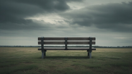 Fototapeta premium Empty bench in the center of the frame. Gloomy sky.