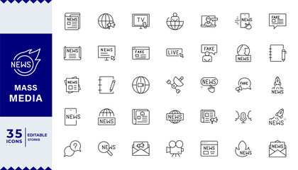 Pixel Perfect,Mass media and journalism line icon set. TV show, program, news, report, video and interview. Outline vector icon in linear style. Series of pictograms.