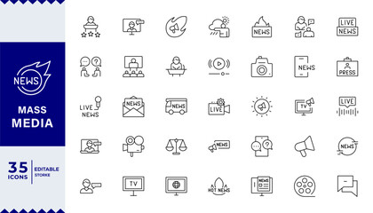 Pixel Perfect,Mass media and journalism line icon set. TV show, program, news, report, video and interview. Outline vector icon in linear style. Series of pictograms.