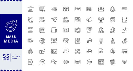 Pixel Perfect,Mass media and journalism line icon set. TV show, program, news, report, video and interview. Outline vector icon in linear style. Series of pictograms.