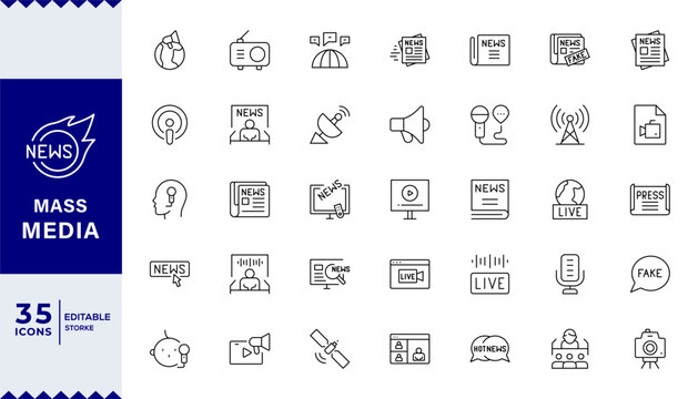Pixel Perfect,Mass media and journalism line icon set. TV show, program, news, report, video and interview. Outline vector icon in linear style. Series of pictograms.