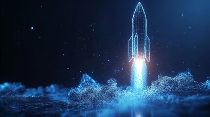 Digital rocket launching with blue light trails and abstract polygonal formations in dark space