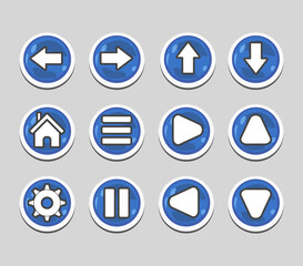 A set of twelve blue and white circular buttons with various symbols: arrows, home, menu, play, pause, settings.
