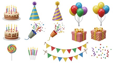 A vibrant 3D collection of birthday party celebration elements including cake, balloons, gifts, and hats isolated on white.