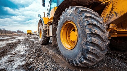 A large yellow construction vehicle with muddy tires parked on a construction site. The vehicle is a front loader, and the tires are covered in mud.